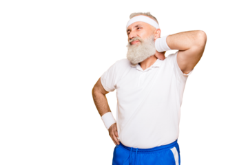 Frustrated pensioner grandpa with funny grimace is having a strong pain in nape. Bodycare, healthcare, injury, aging, symptom, therapy, salve, treatment, hurt, disorder, workout, weight loss lifestyle