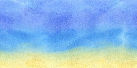 Background with blue sky, turquoise sea and yellow sand in the shape of a spot with blurred, soft edges. Bright juicy watercolor illustration drawn by hand. Seamless border