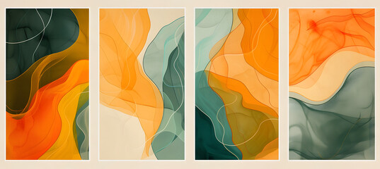 abstract paintings hanging on a wall with different waves and shapes	