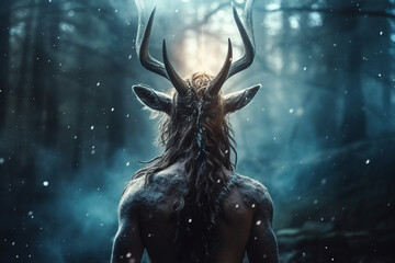 Generative ai collage picture of legendary creature minotaur in haunted fantasy woods - obrazy, fototapety, plakaty