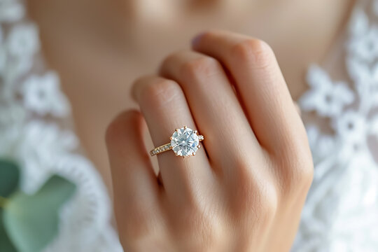 Closeup on the woman wearing a minimal gold and diamond ring