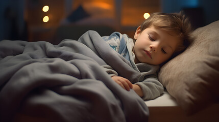 Photo of a cute little boy sleeping soundly in bed, covered with a soft blanket. Close-up