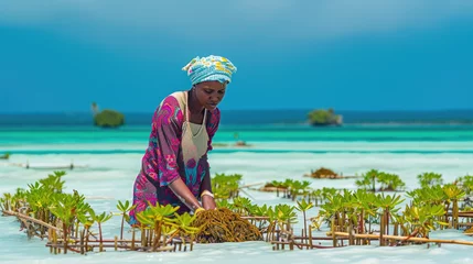 Tragetasche Women harvest the seaweed for soap, cosmetics and medicin on a sea plantation in traditional dress, island Zanzibar, Tanzania, East Africa © STORYTELLER