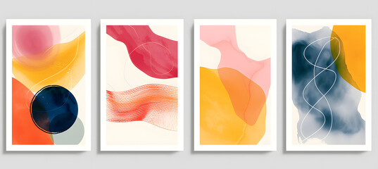 abstract paintings hanging on a wall with different waves and shapes	