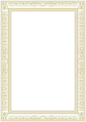 Vintage gold frame with original ornament. Elegant vignettes around the entire perimeter of the sheet. Version No. 7. Format - A4. Cover, background. Vector illustration
