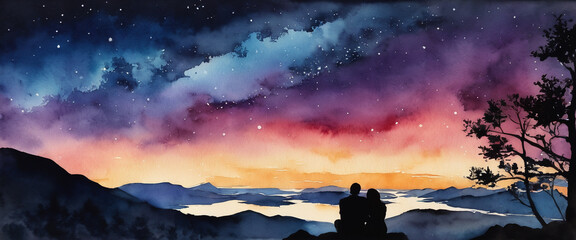 Silhouettes of a man and a woman leaning against each other. Lover's journey. Fantastic sunset sky. Illustration in watercolor style.
