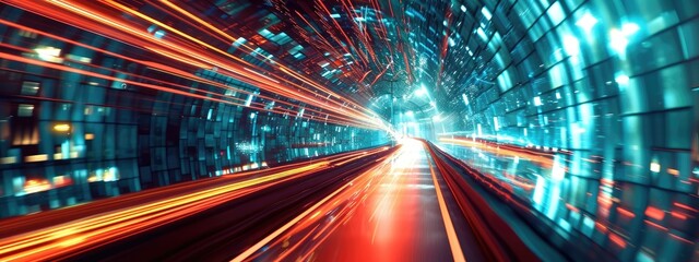 Fototapeta premium The dynamic visualization of a high-speed data stream depicted as luminous light trails moving through a digital tunnel.