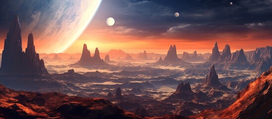 Red Mars planet with arid landscape, rocky hills, mountains and a giant moon at the horizon.