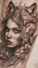 A tattoo of a woman and a wolf