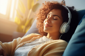 Photo picture of a charming cute relaxed woman at home listening to audiobook created with generative AI