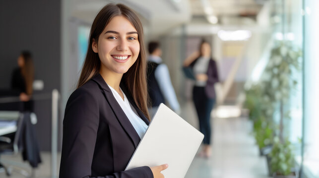 Woman in suit searching for job standing near office centre, waiting for a job offer, waiting for an interview, holding resumes, Jobless people, Global unemployment employment and recruitment concept