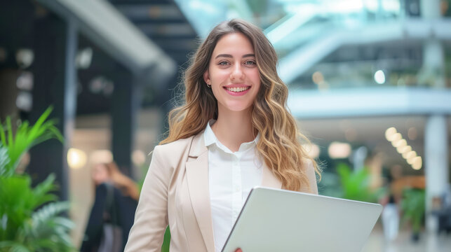 Woman in suit searching for job standing near office centre, waiting for a job offer, waiting for an interview, holding resumes, Jobless people, Global unemployment employment and recruitment concept