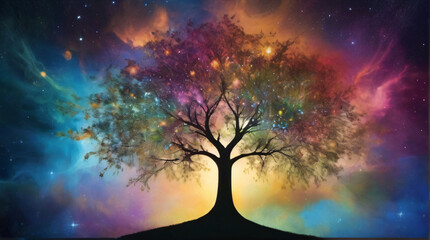 Luminous Mindscape tree that evoking a sense of wonder, intelligence, and the mysterious beauty of the cosmos.