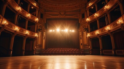 Wide shot of an Empty Elegant Classic Theatre with Spotlight Shot from the Stage. Well-lit Opera House with Beautiful Golden Decoration Ready to Receive Audience for a Play or Ballet Show - obrazy, fototapety, plakaty