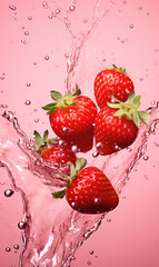 Strawberry in splash and swirl, minimal isolated on pink background. Fresh strawberry berry flying splashing, closeup.