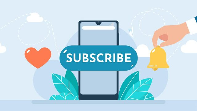 The man clicks on the Subscribe button. Blogging, promotion. Social media concept. Web buttons like, subscribe, and bell notification. Buttons for app. Subscribe to the channel. 2d flat aniamtion	