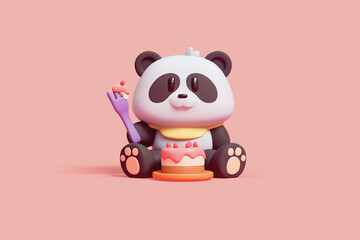 Cute happy funny cartoon panda girl with a yellow bib sits, holds a purple fork in her hand, eats a pink drip milk chocolate cake decorated with cream on an orange plate. 3d render in pastel colors. © roman3d