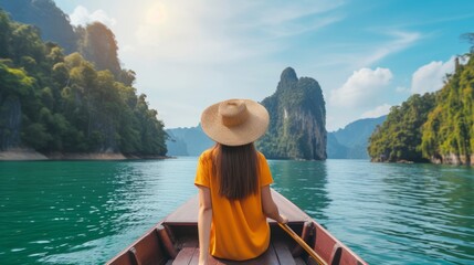 Travel summer vacation concept, Happy solo traveler asian woman with hat relax and sightseeing on Thai longtail boat in Ratchaprapha Dam at Khao Sok National Park, Surat Thani Province, Thailand