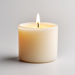 Burning white wax candles on white background.