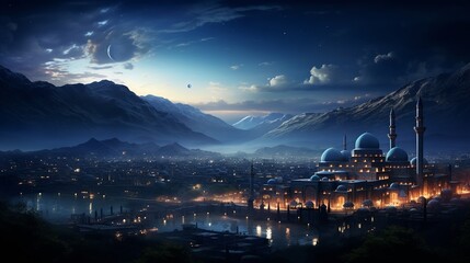 Ramadan background with crescent, stars and glowing clouds above mosque on mountains
