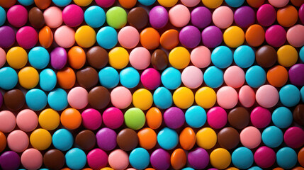 Fototapeta na wymiar Mixed collection of colorful candy background. Closeup pile chocolate Coated Candies pattern, chocolate sweets for birthday, party. Grocery product advertising.