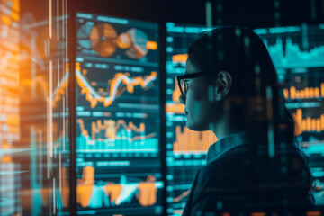 a financial woman expert analyzing stock market trends surrounded by digital screens displaying statistics and graphs on background