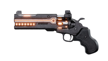 Science fiction futuristic military assault laser gun. Concept design high-tech luminous drum firearm in cyberpunk style with cartridges, black color scratched metal. 3d render isolated transparent.