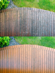 cleaning a wooden terrace with a high-pressure washer - BEFORE and AFTER cleaning and oiling wooden surfaces - 723115360