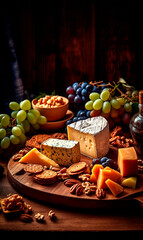 Cheese table, with grape and nuts close up.