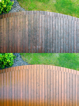 cleaning a wooden terrace with a high-pressure washer - BEFORE and AFTER cleaning and oiling wooden surfaces