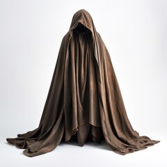 Ghost costume made from a white sheet on a white background.