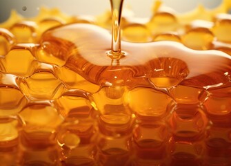 Honeycomb with honey drop background, close up, macro. Golden fresh Honeycomb for product, package advert.