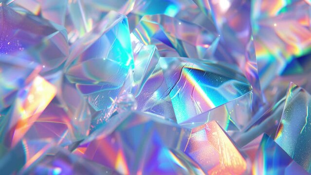 Abstract looped animation, iridescent crystal shapes, glowing, shining and sparkling. Seamless 4K video, live wallpaper, banner. Gemstone pattern, rainbow colors. 