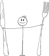 Person Holding Knife and Fork, Vector Cartoon Stick Figure Illustration - 723115792