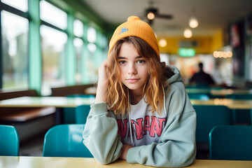Generative AI image of cute adorable schoolchild eating lunch at school canteen