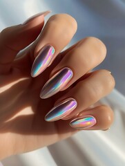 Holographic, shiny manicure on a woman's hand. Nail design close up. - 723115977