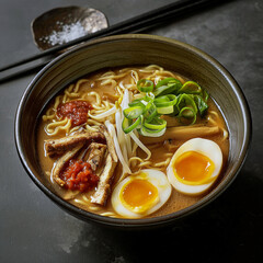 Japanese with ramen noodles soup chicken, egg, garlic and herbs
