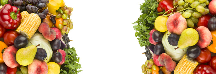 Set of vegetables and fruits isolated on a white. Collage. Wide photo. There is free space for text.
