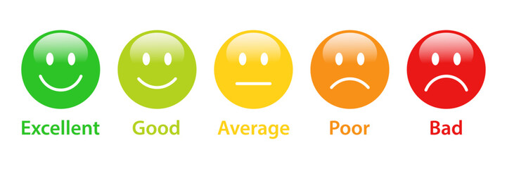 3D Rating Emojis set in different colors with label. Feedback emoticons collection. Excellent, good, average, poor and bad emoji icons. Flat icon set of rating and feedback emoticons.