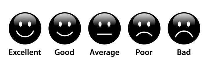 3D Rating Emojis set in black color with label. Feedback emoticons collection. Excellent, good, average, poor and very bad emojis. Flat icon set of rating and feedback emojis icons in black color.