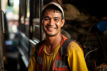 Fototapeta premium Generative AI picture of dustman who keeps streets clean and takes away trash city service