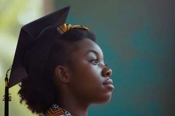 A side profile of a young graduate wearing a black mortarboard with a yellow tassel, gazing forward with a hopeful expression, symbolizing the anticipation of a bright future ahead. Ai generated