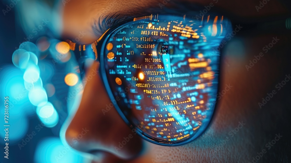 Aufkleber Extreme close up, mans spectacles, in the reflection computer code is visible. Generative AI.