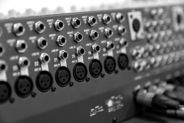 Mixer control. Music engineer. Backstage controls on an audio mixer, Sound mixer. Professional...