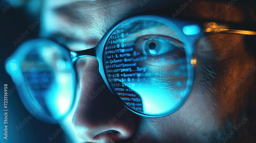 Leinwandbilder Man spectacles, A developer coder looking at programming code data cyber security digital tech reflecting in spectacles developing software program. Generative AI.