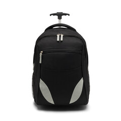 Fototapeta premium rolling black backpack isolated on white background. travel daypack with zippered and shoulder straps. satchel rucksack. canvas school backpack. foldable stand bag with handle and wheels. top view.