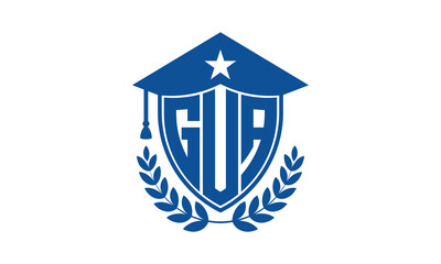 GUA three letter iconic academic logo design vector template. monogram, abstract, school, college, university, graduation cap symbol logo, shield, model, institute, educational, coaching canter, tech