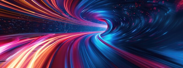 The dynamic visualization of a high-speed data stream depicted as luminous light trails moving through a digital tunnel.