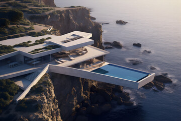 Architektur, modernes Haus, an den Klippen über dem Meer, Villa mit Pool, erstellt mit generativer KI - 723117144