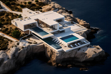 Architektur, modernes Haus, an den Klippen über dem Meer, Villa mit Pool, erstellt mit generativer KI - 723117352